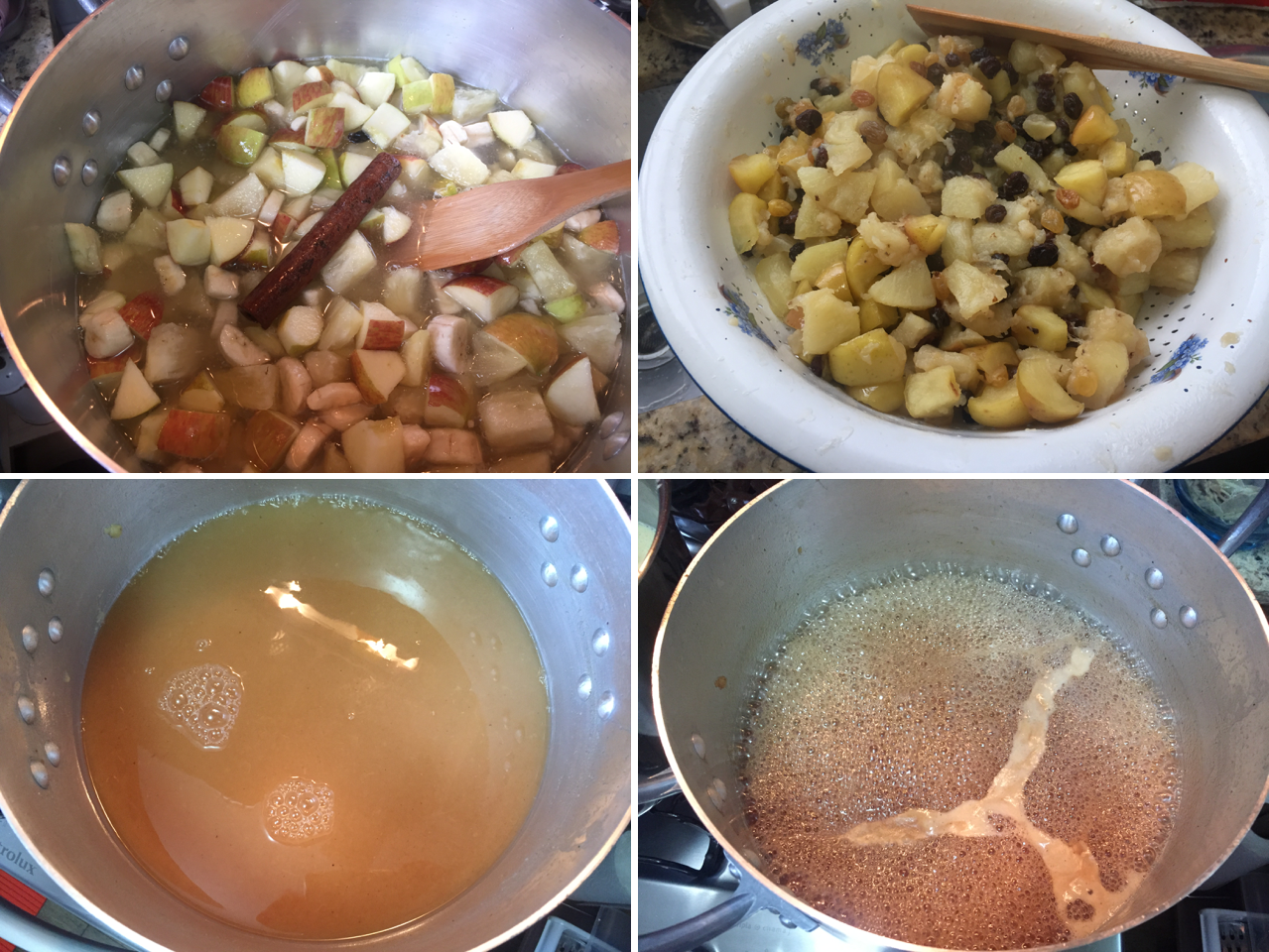 Da esquerda para direita : Salada de frutas em cozimento / Salda de frutas já cozida e escorrida / Calda do escorrimento / Calda em cozimento no ponto de fio
